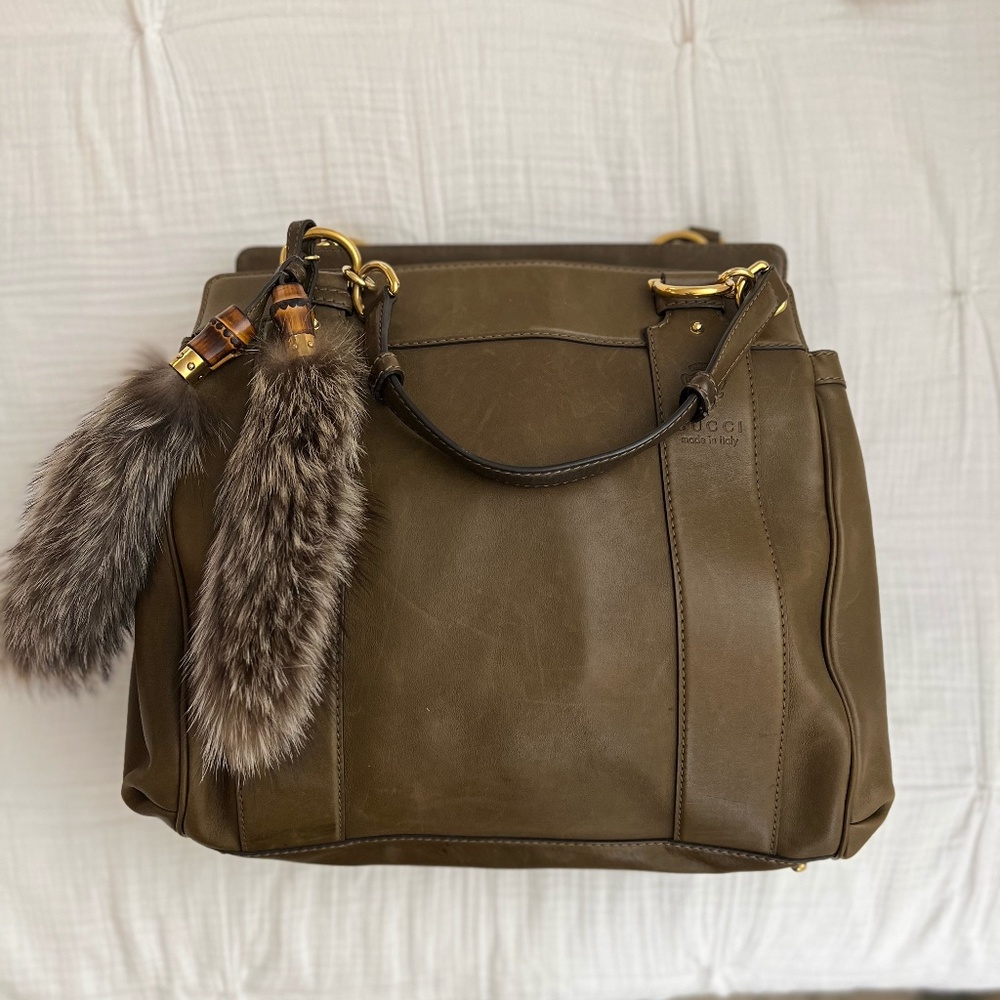 Gucci Olive Green Leather Hand Bag w/Fox Tail Charm